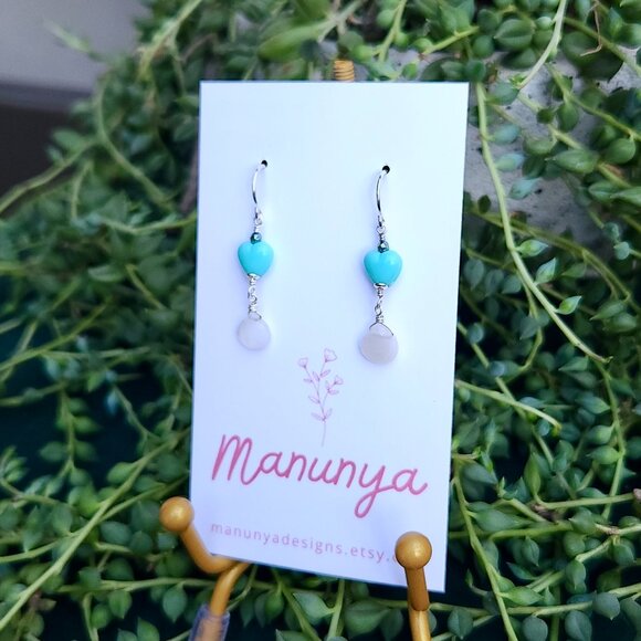 Heart Earrings with Semi-Precious Stones - Pink, Purple, Aqua, Blue - Picture 13 of 14